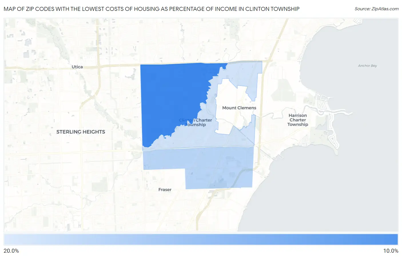 Zip Codes with the Lowest Costs of Housing as Percentage of Income in Clinton Township Map