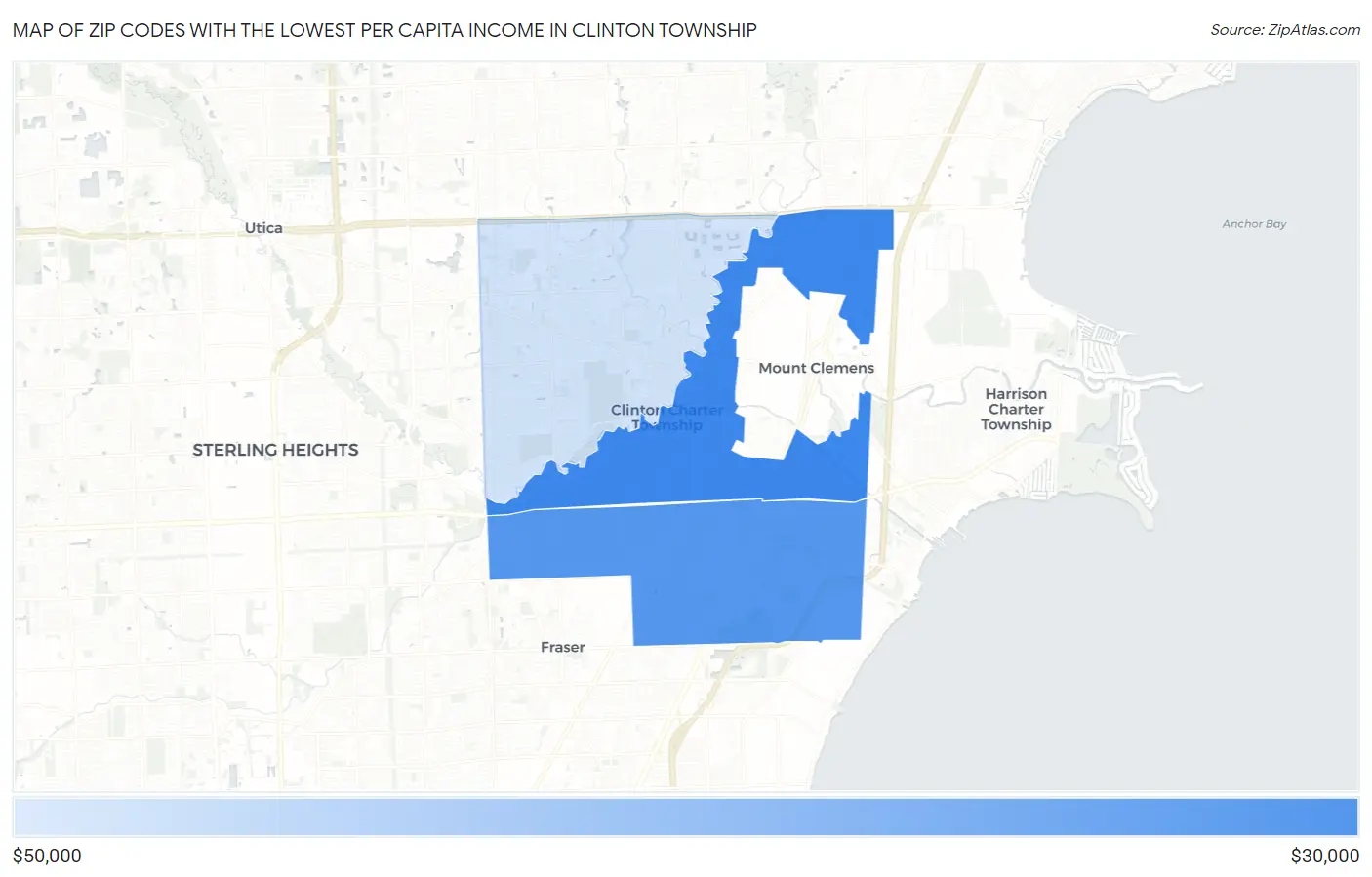 Zip Codes with the Lowest Per Capita Income in Clinton Township Map