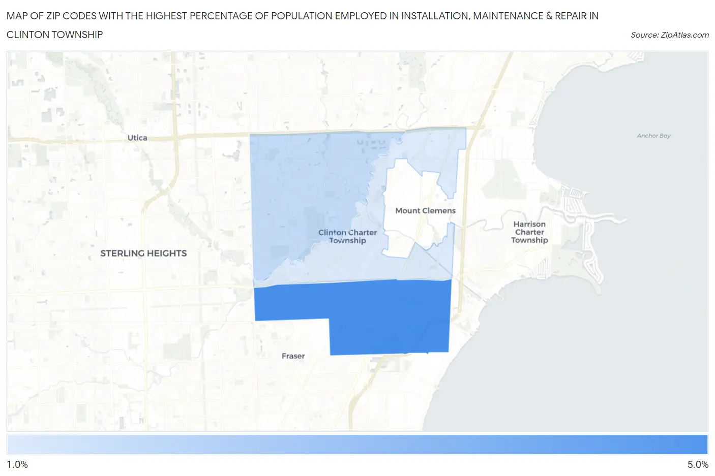 Zip Codes with the Highest Percentage of Population Employed in Installation, Maintenance & Repair in Clinton Township Map