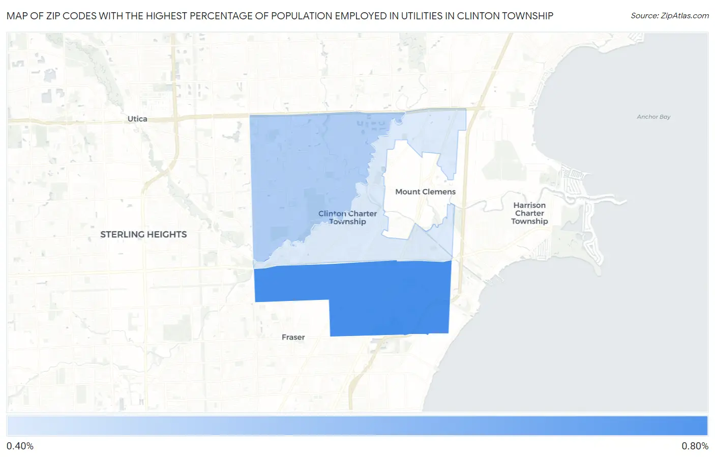 Zip Codes with the Highest Percentage of Population Employed in Utilities in Clinton Township Map