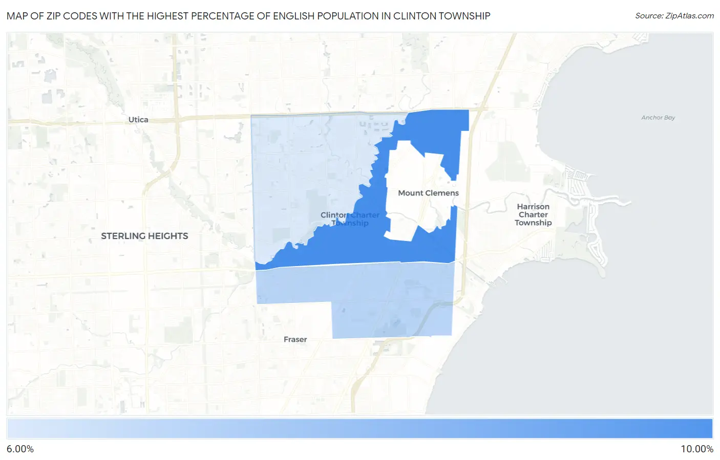 Zip Codes with the Highest Percentage of English Population in Clinton Township Map