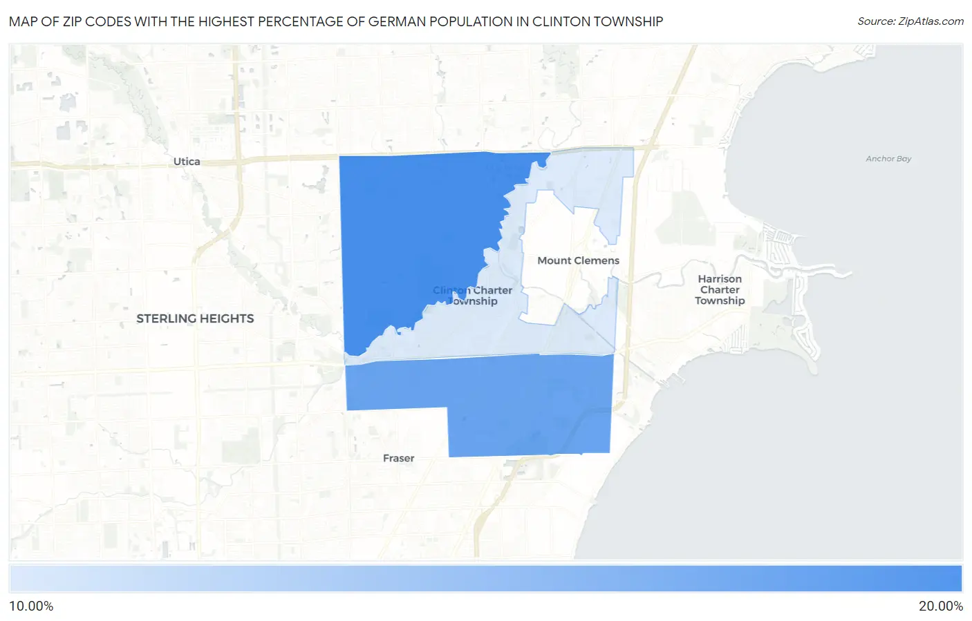 Zip Codes with the Highest Percentage of German Population in Clinton Township Map