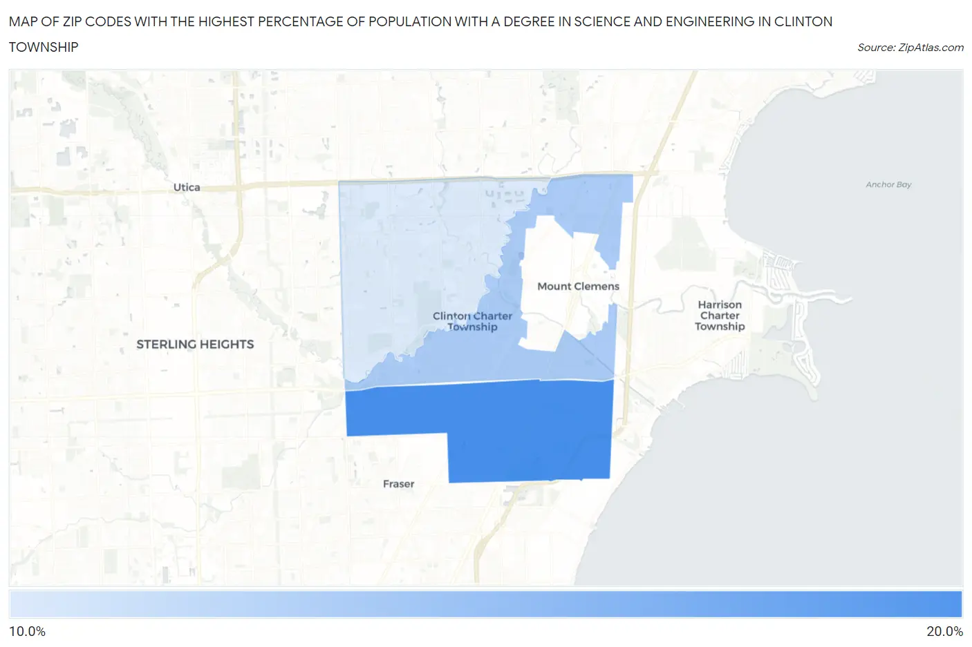 Zip Codes with the Highest Percentage of Population with a Degree in Science and Engineering in Clinton Township Map