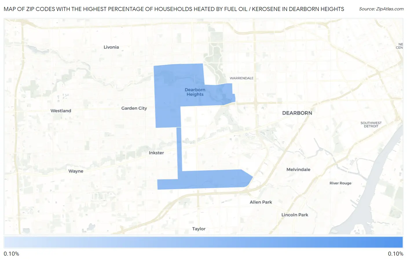 Zip Codes with the Highest Percentage of Households Heated by Fuel Oil / Kerosene in Dearborn Heights Map