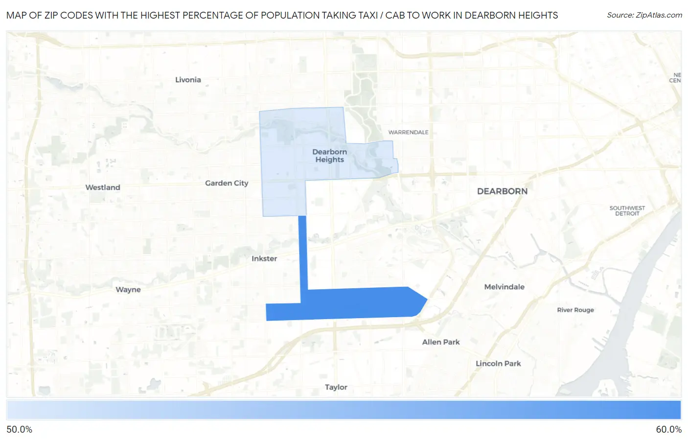 Zip Codes with the Highest Percentage of Population Taking Taxi / Cab to Work in Dearborn Heights Map
