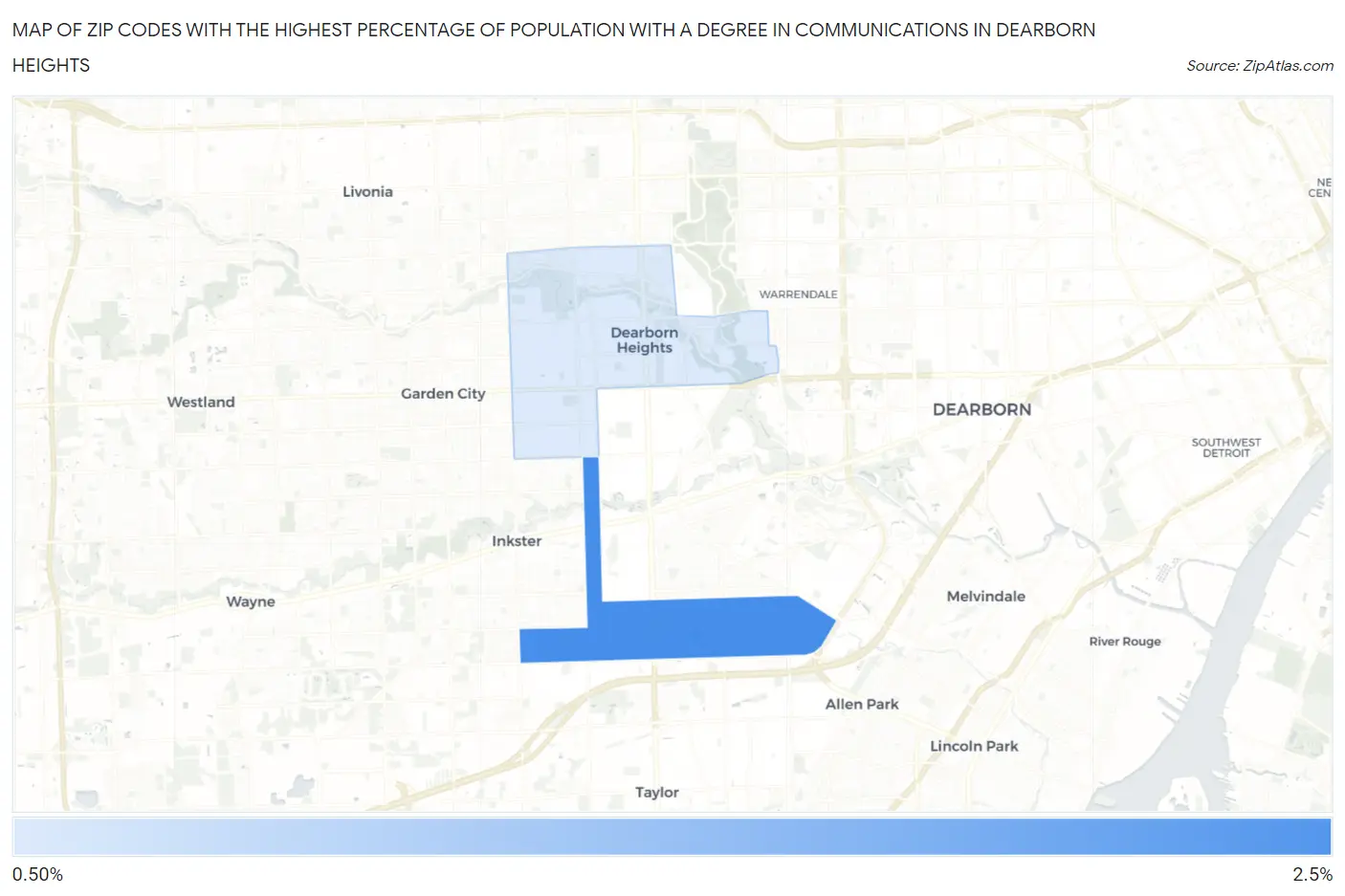Zip Codes with the Highest Percentage of Population with a Degree in Communications in Dearborn Heights Map