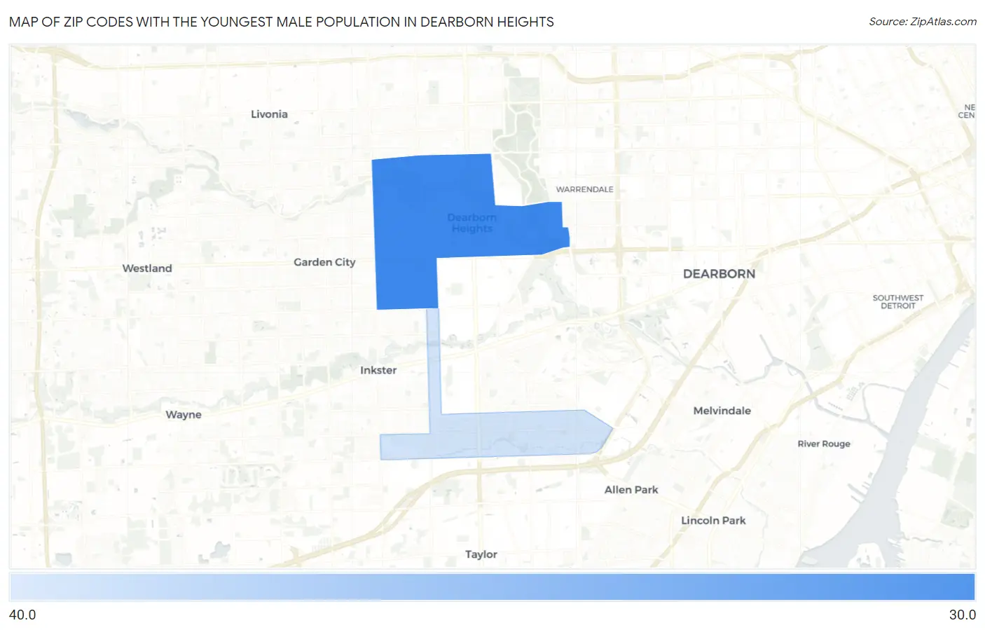 Zip Codes with the Youngest Male Population in Dearborn Heights Map