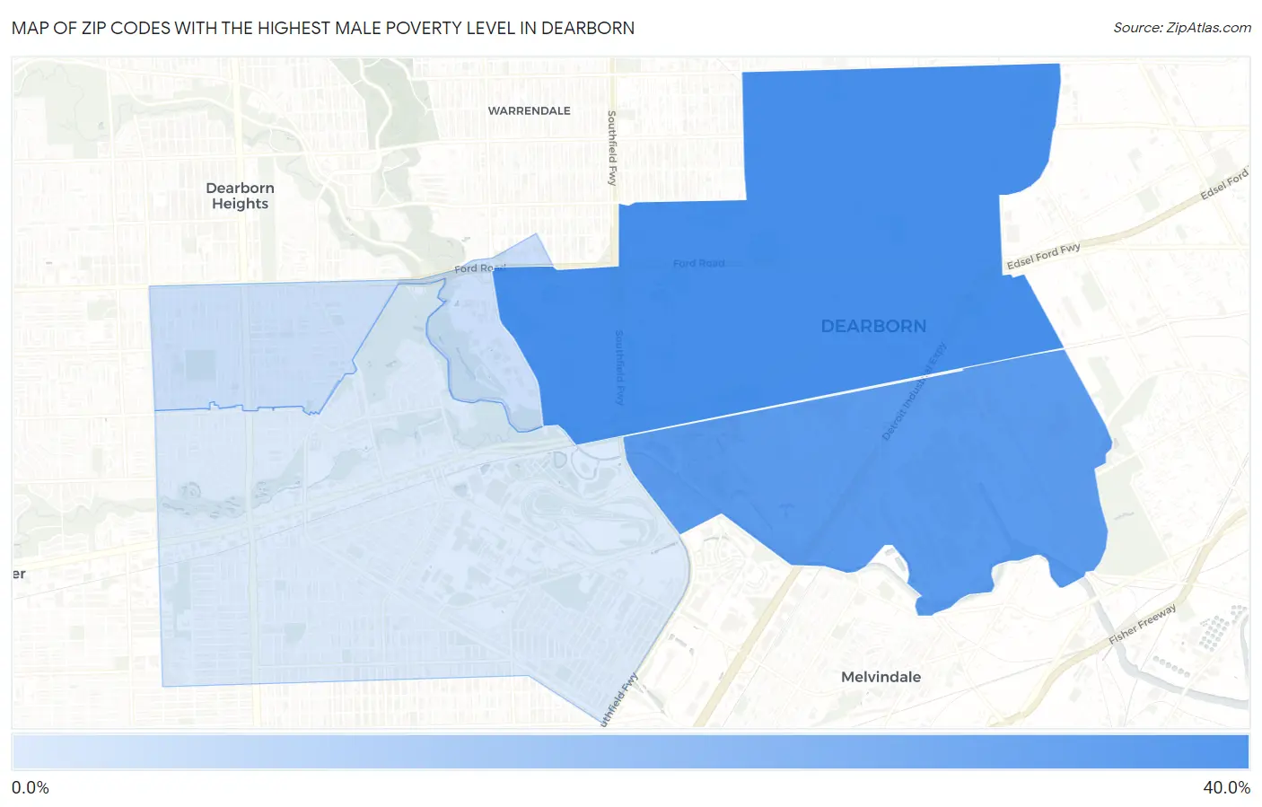 Zip Codes with the Highest Male Poverty Level in Dearborn Map