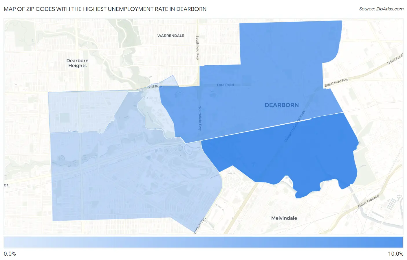 Zip Codes with the Highest Unemployment Rate in Dearborn Map