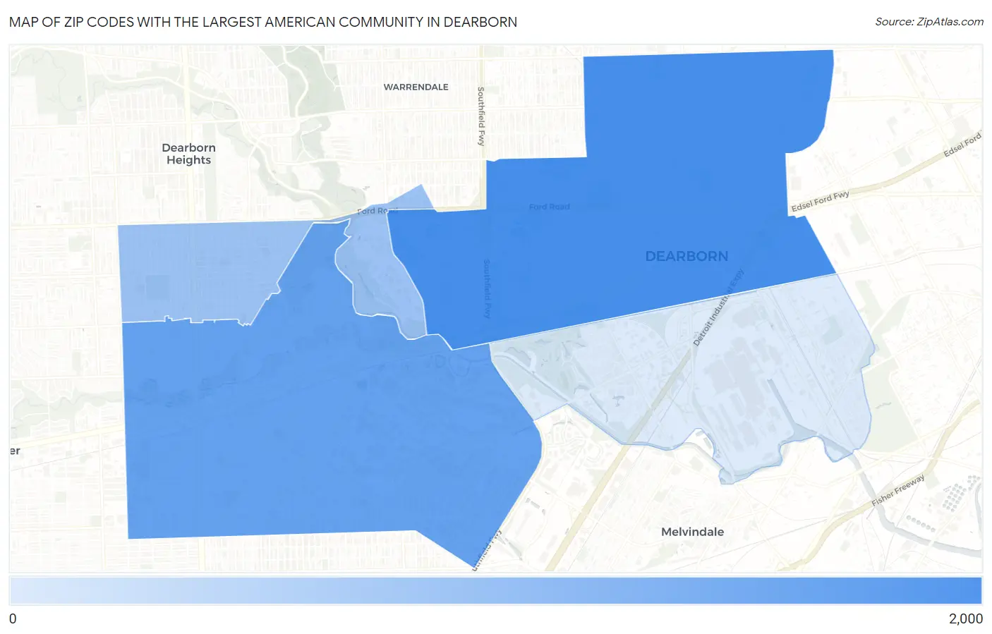 Zip Codes with the Largest American Community in Dearborn Map