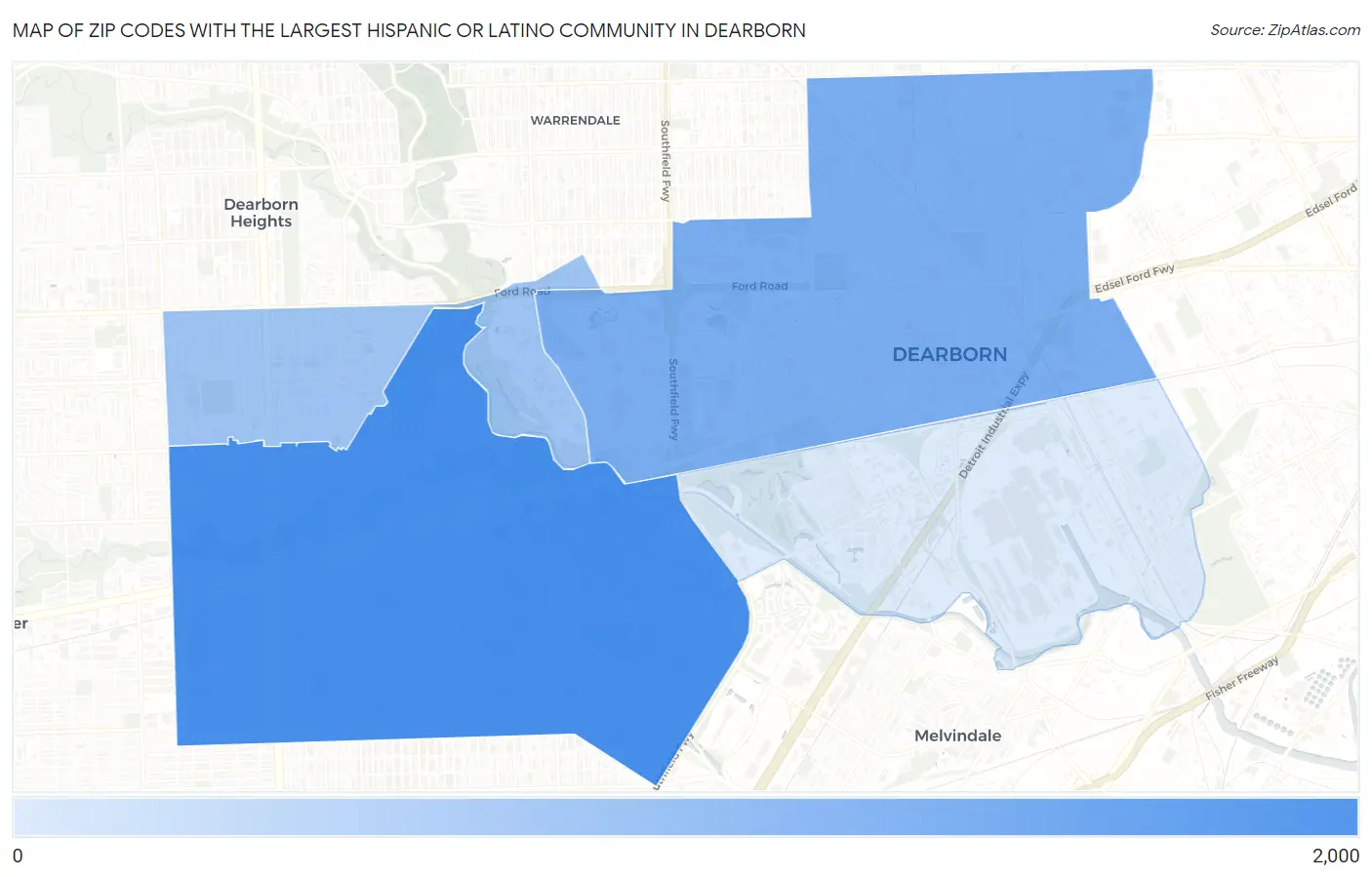 Zip Codes with the Largest Hispanic or Latino Community in Dearborn Map