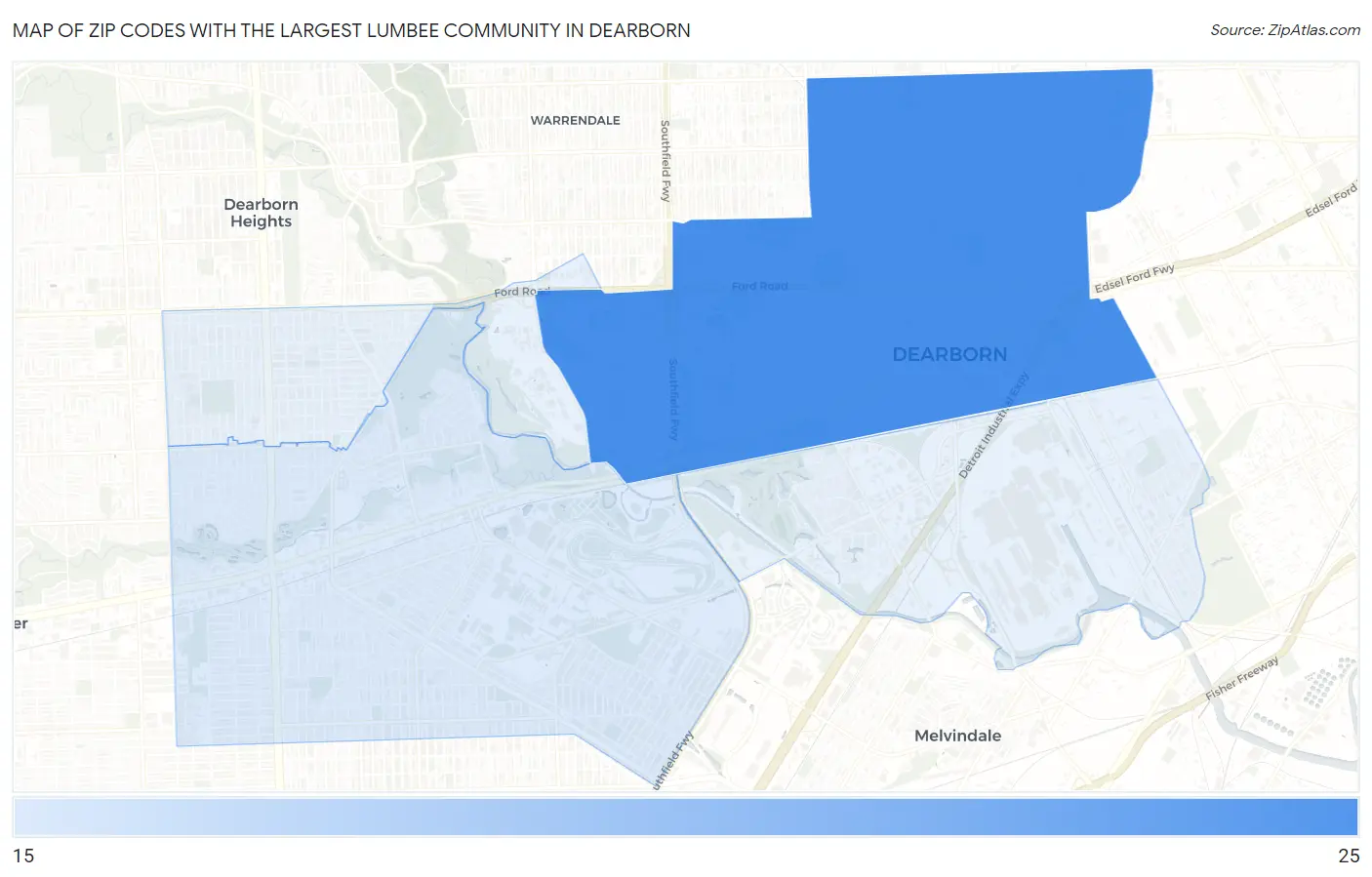 Zip Codes with the Largest Lumbee Community in Dearborn Map