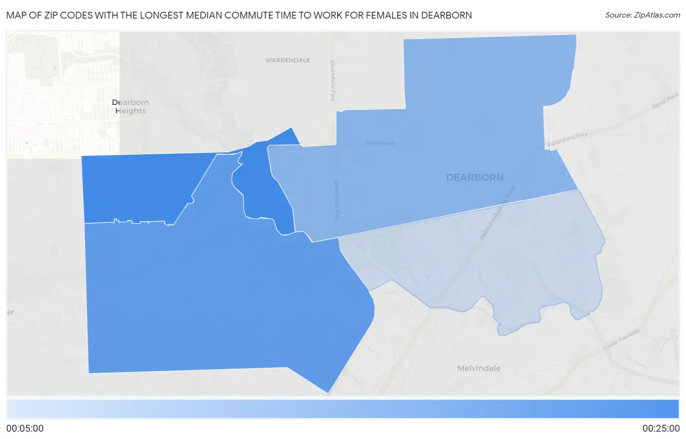 Zip Codes with the Longest Median Commute Time to Work for Females in Dearborn Map