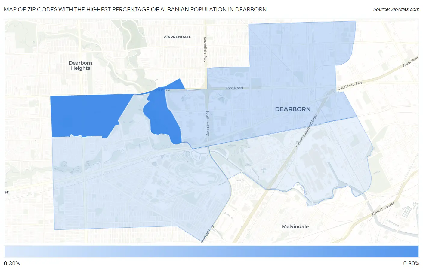 Zip Codes with the Highest Percentage of Albanian Population in Dearborn Map