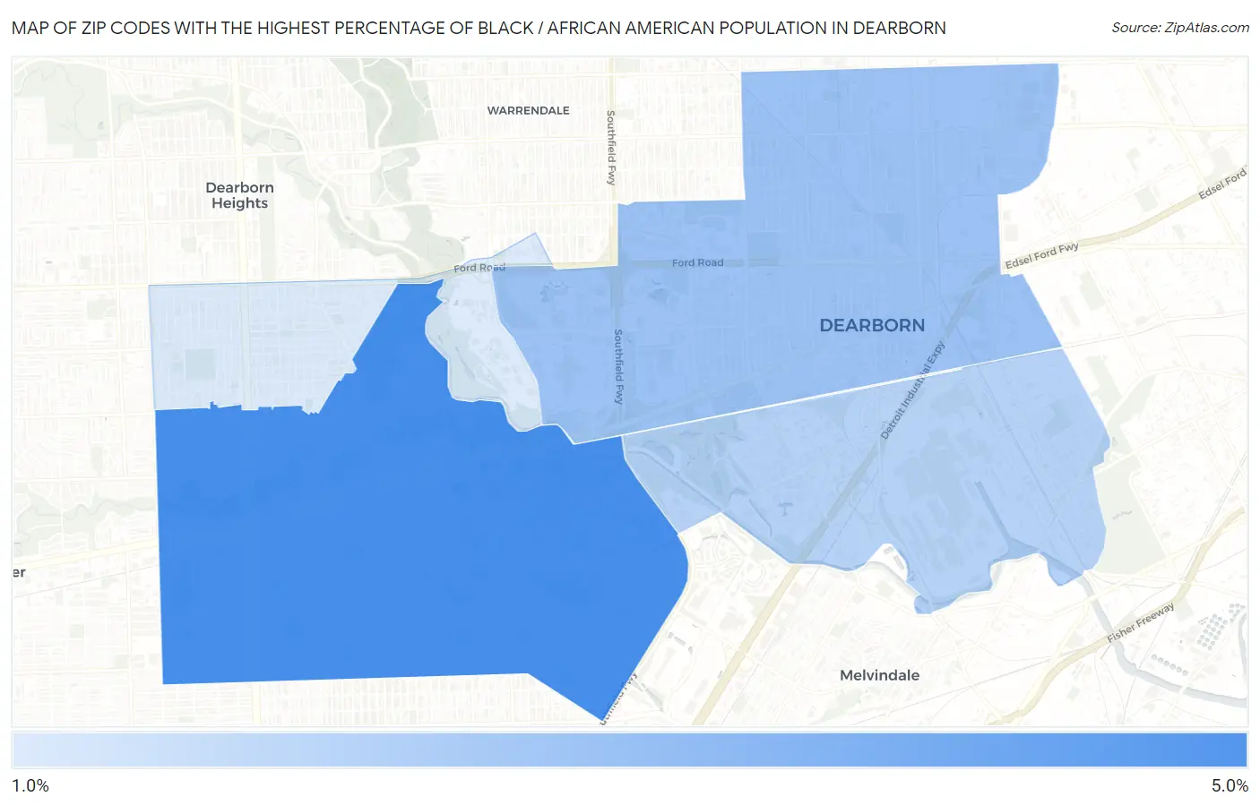 Zip Codes with the Highest Percentage of Black / African American Population in Dearborn Map