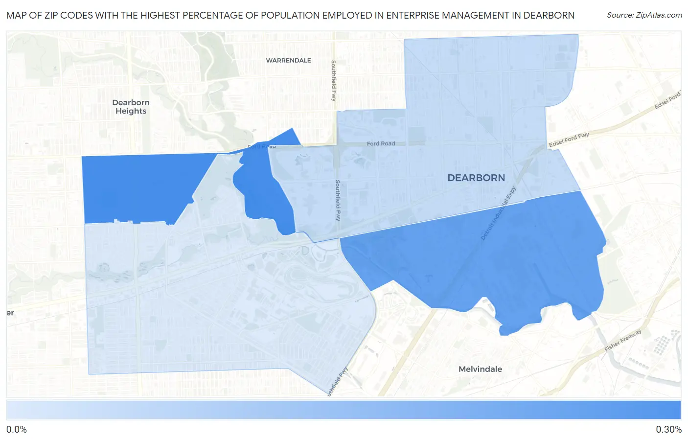 Zip Codes with the Highest Percentage of Population Employed in Enterprise Management in Dearborn Map
