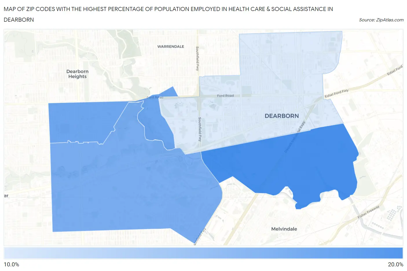 Zip Codes with the Highest Percentage of Population Employed in Health Care & Social Assistance in Dearborn Map