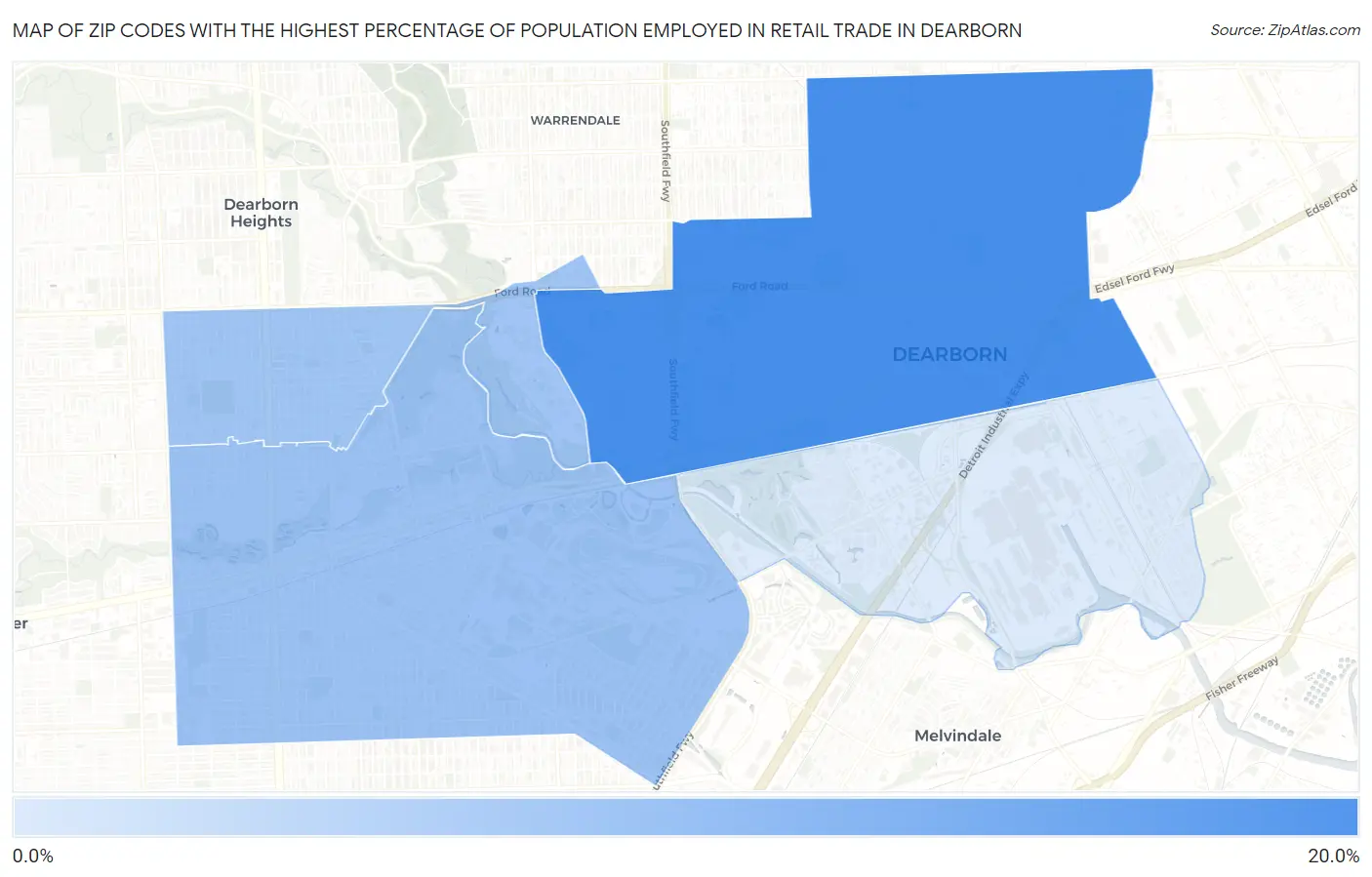 Zip Codes with the Highest Percentage of Population Employed in Retail Trade in Dearborn Map