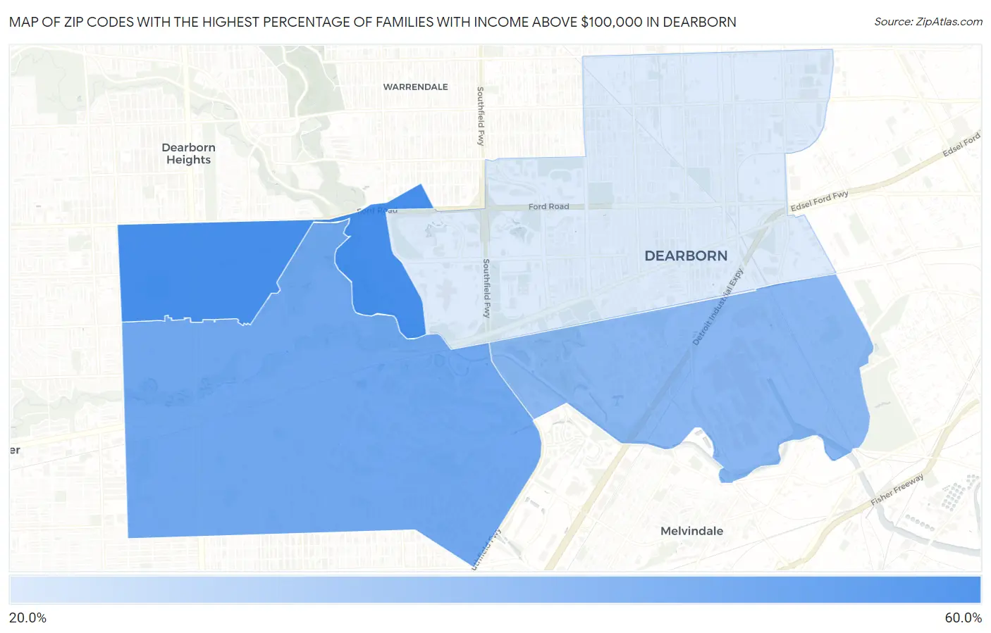 Zip Codes with the Highest Percentage of Families with Income Above $100,000 in Dearborn Map