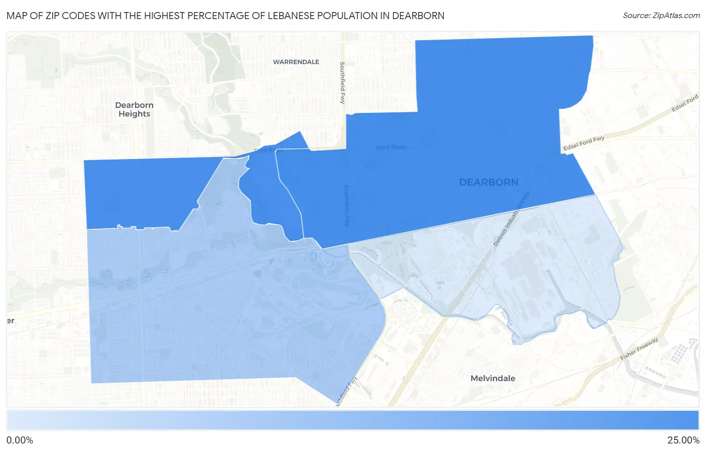 Zip Codes with the Highest Percentage of Lebanese Population in Dearborn Map