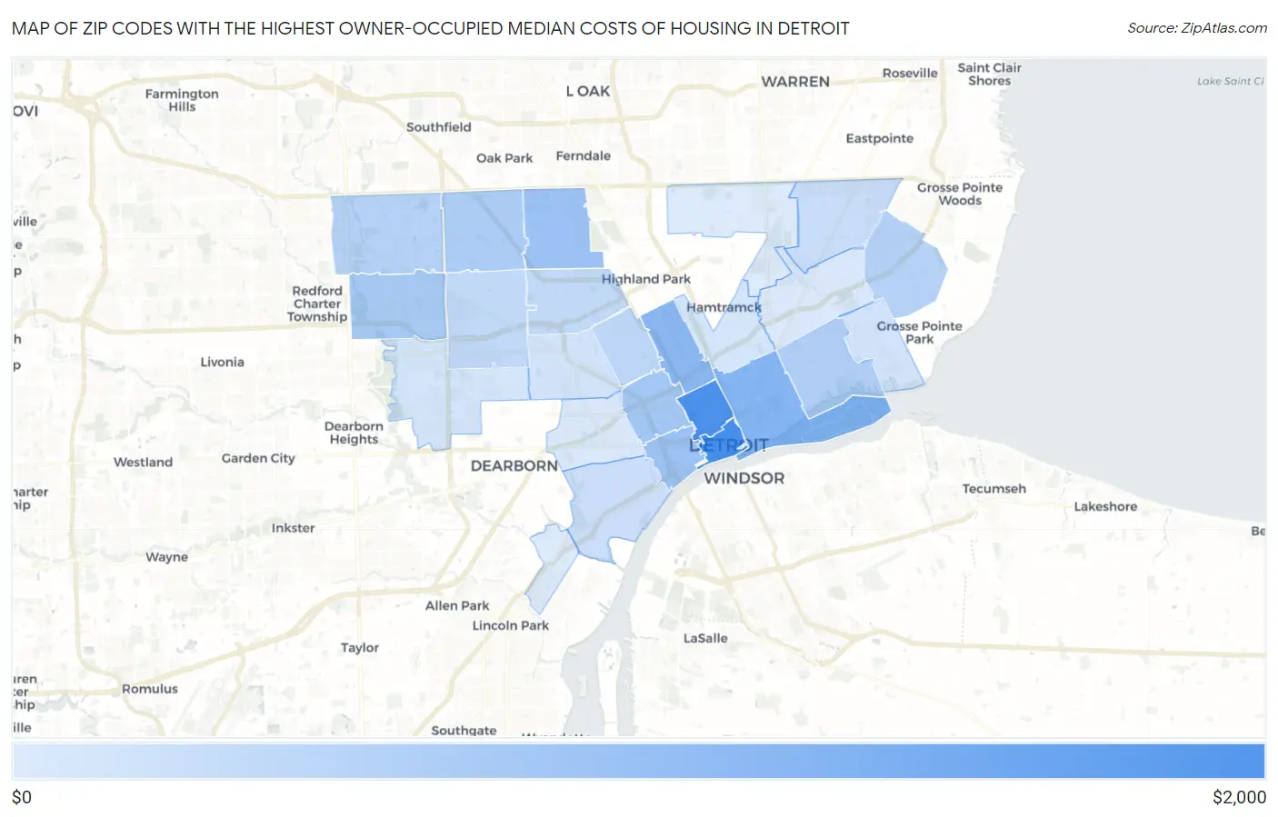 Zip Codes with the Highest Owner-Occupied Median Costs of Housing in Detroit Map