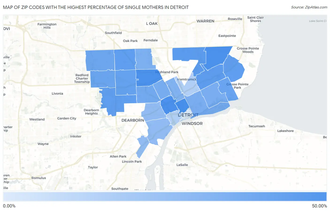 Zip Codes with the Highest Percentage of Single Mothers in Detroit Map