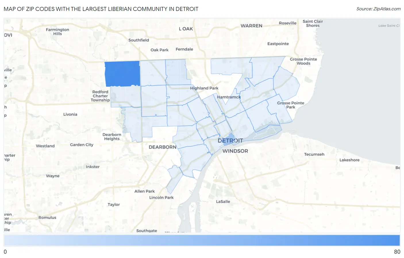 Zip Codes with the Largest Liberian Community in Detroit Map