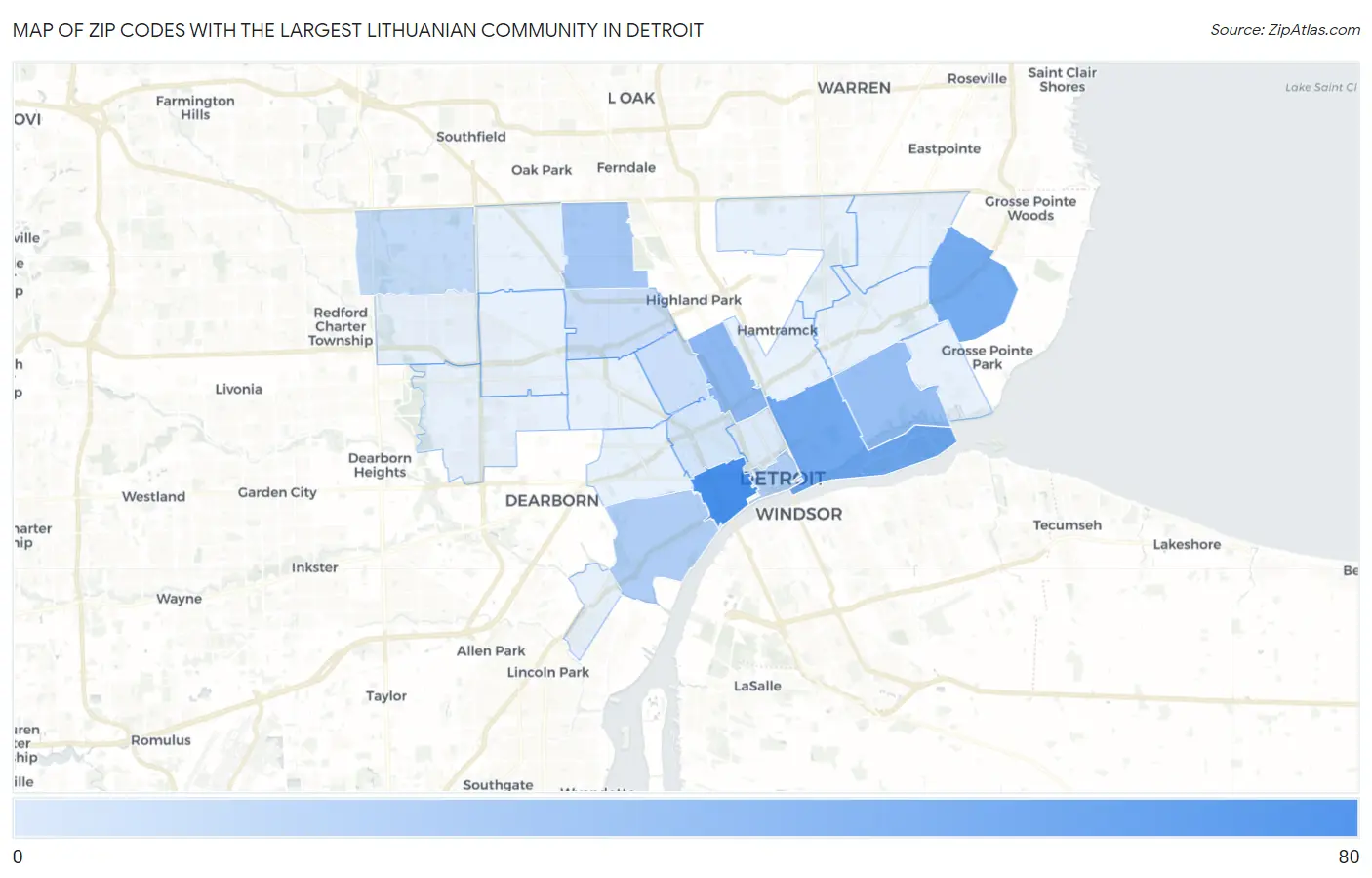 Zip Codes with the Largest Lithuanian Community in Detroit Map