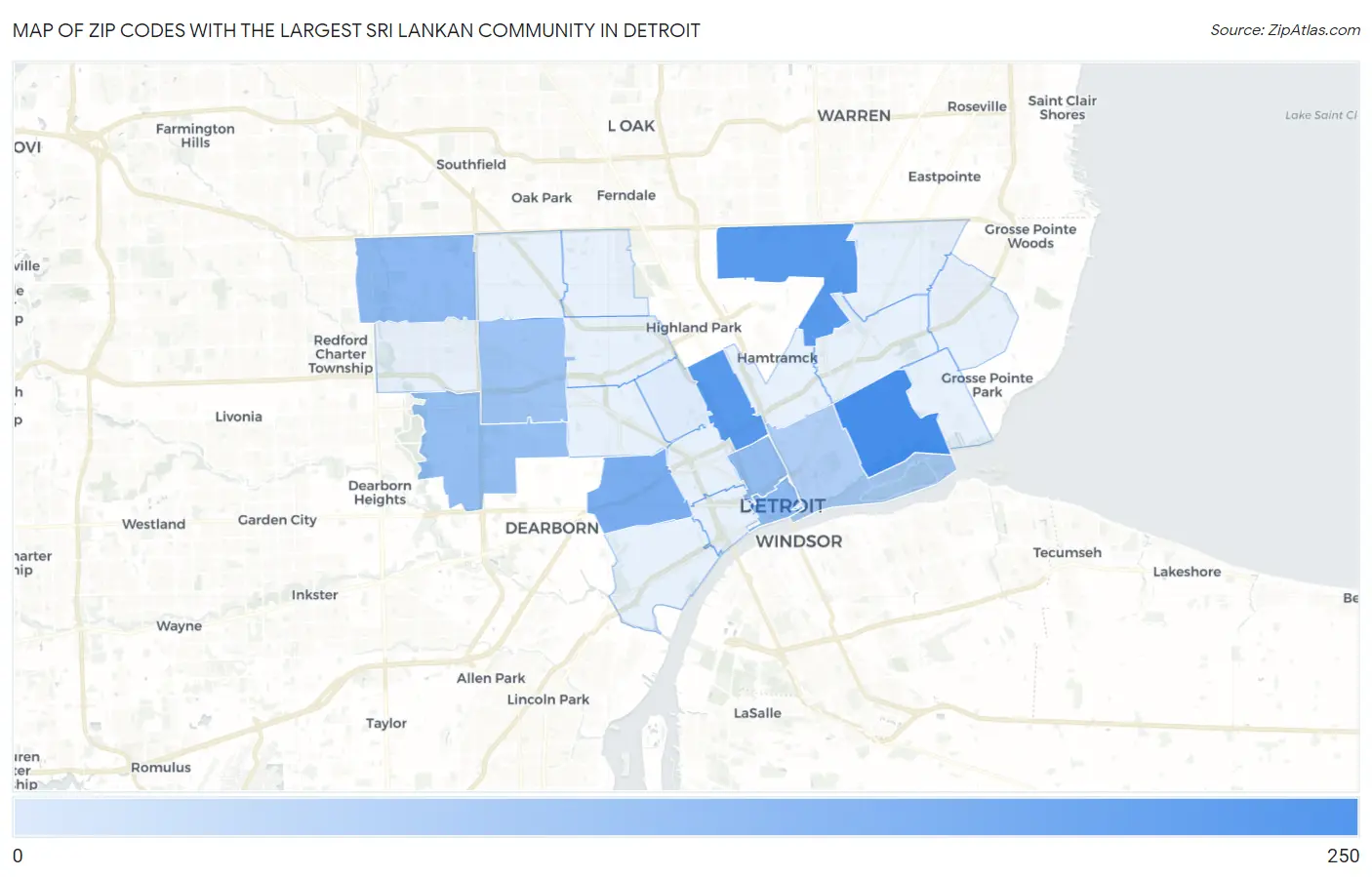 Zip Codes with the Largest Sri Lankan Community in Detroit Map