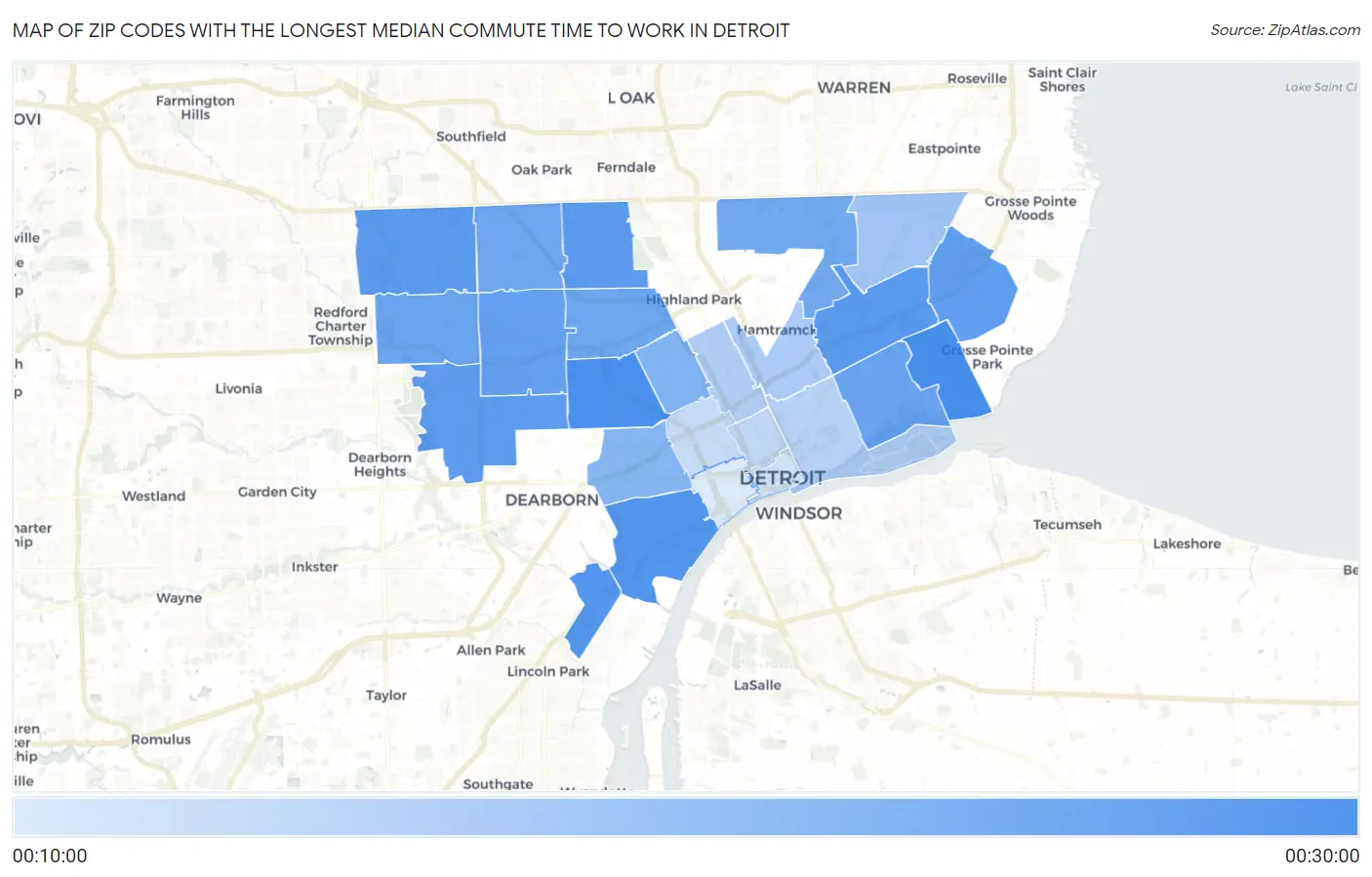 Zip Codes with the Longest Median Commute Time to Work in Detroit Map