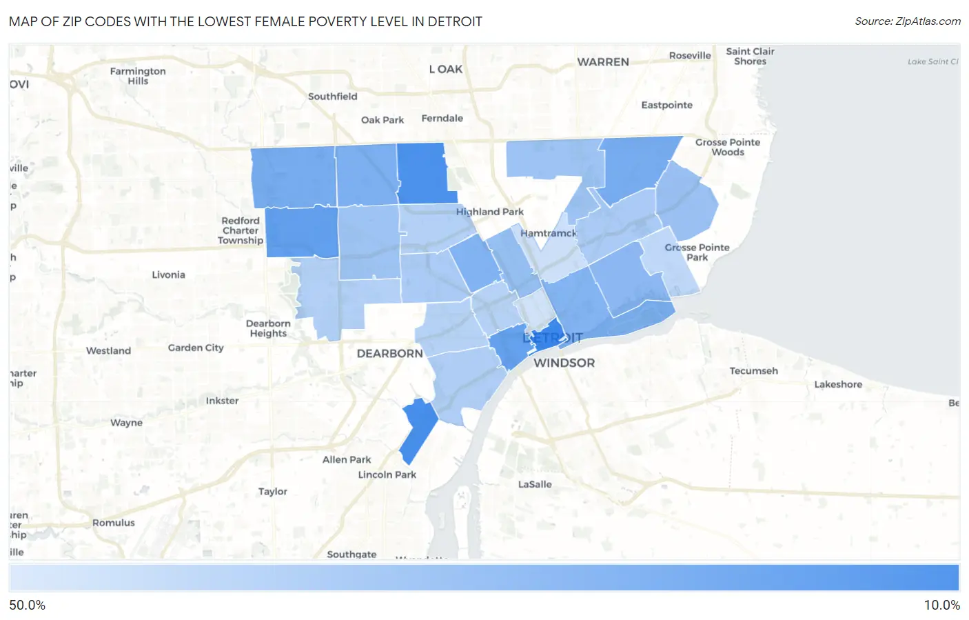 Zip Codes with the Lowest Female Poverty Level in Detroit Map