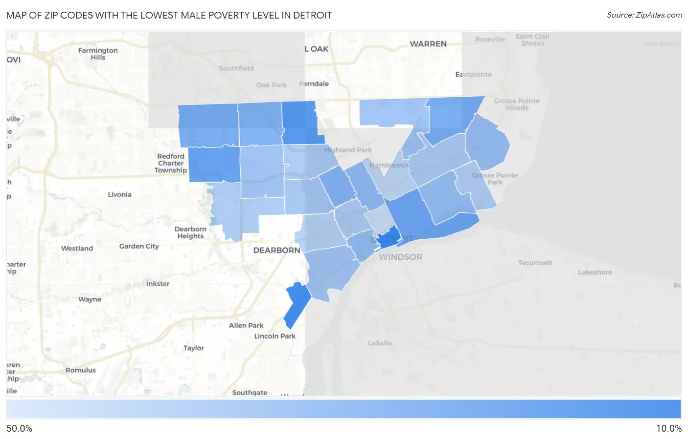 Zip Codes with the Lowest Male Poverty Level in Detroit Map