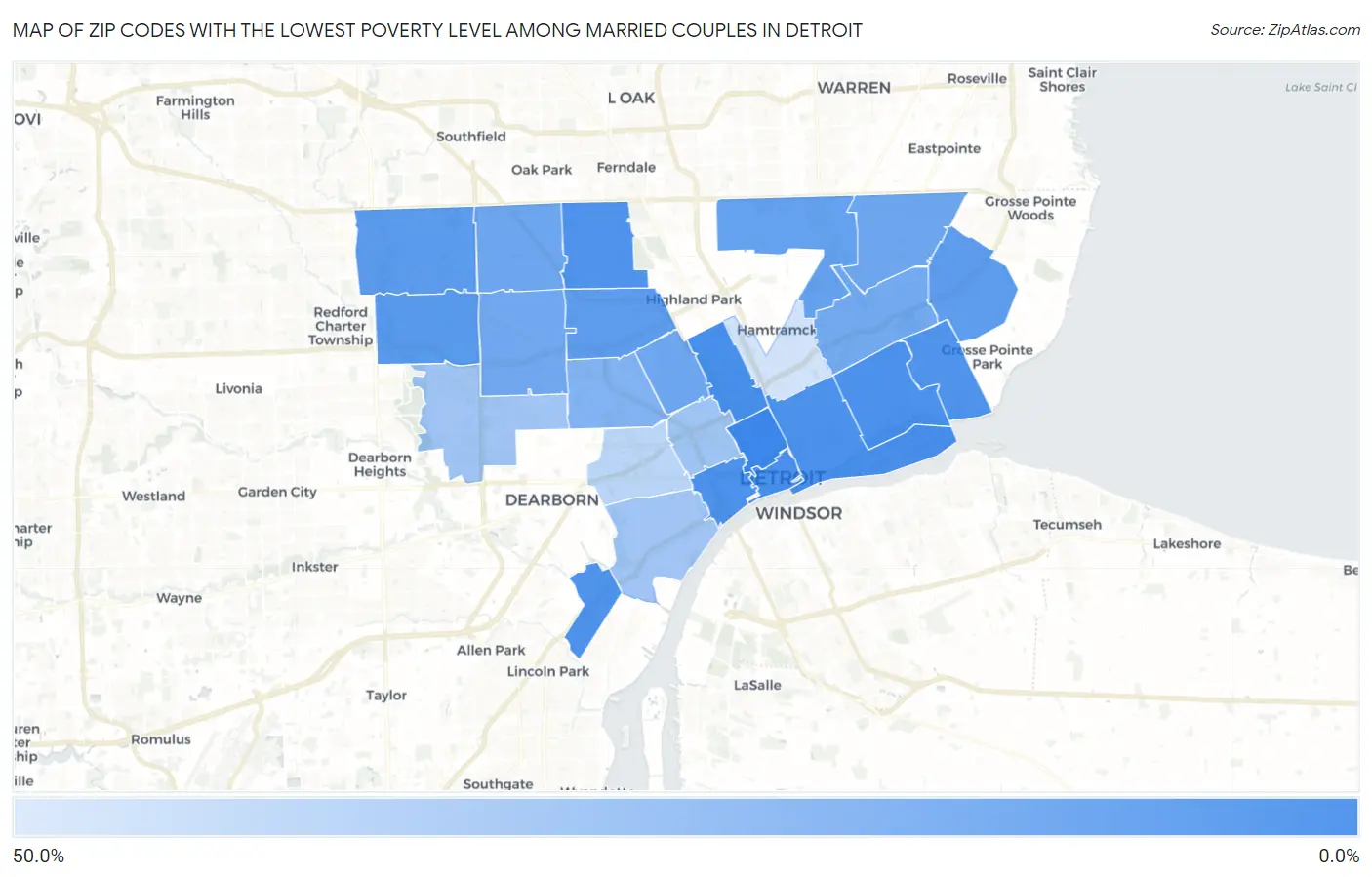 Zip Codes with the Lowest Poverty Level Among Married Couples in Detroit Map