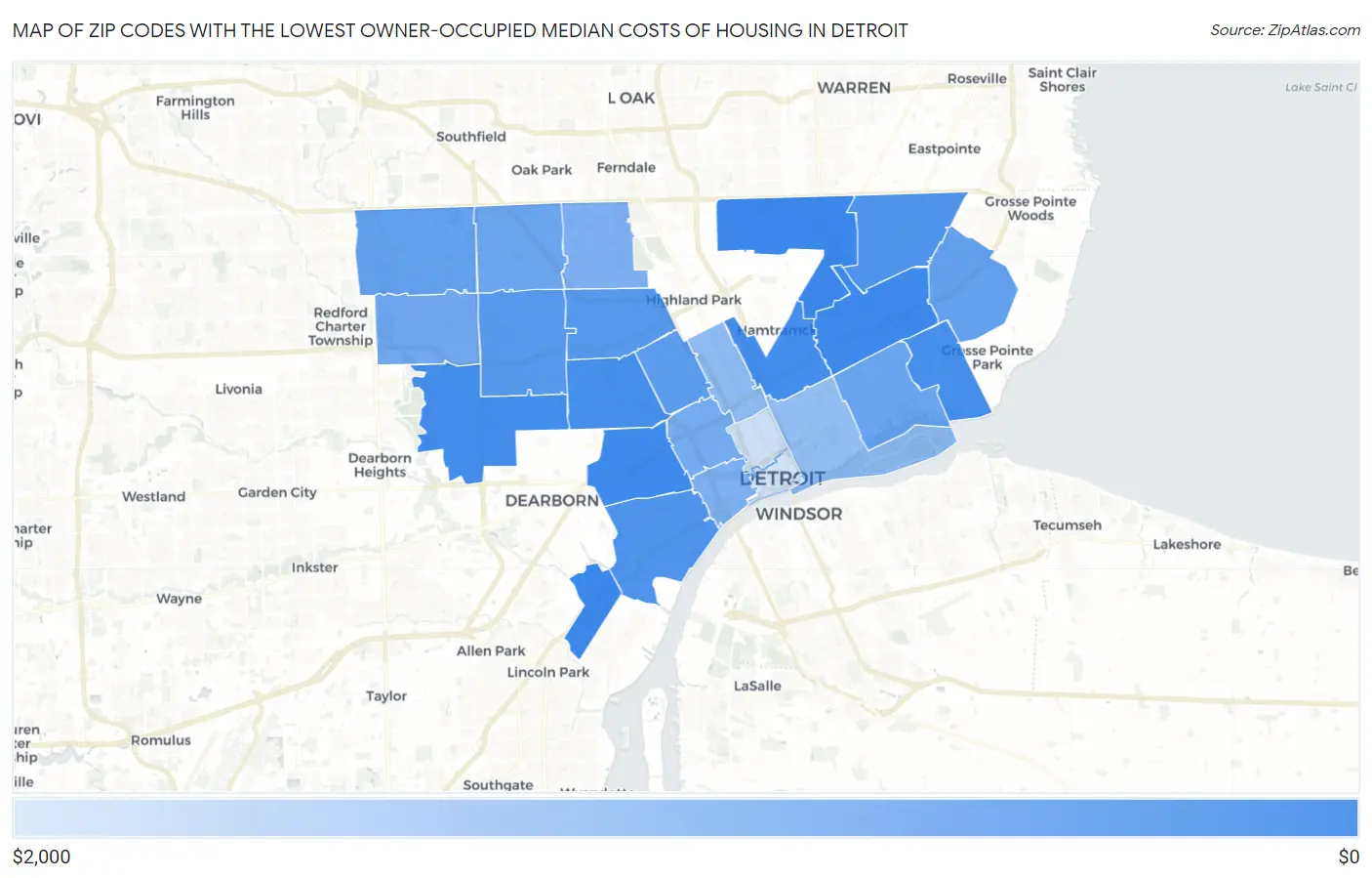 Zip Codes with the Lowest Owner-Occupied Median Costs of Housing in Detroit Map