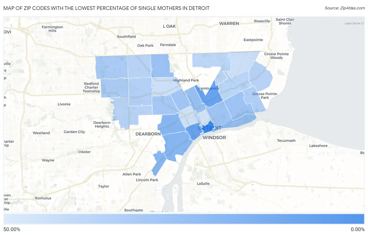 Zip Codes with the Lowest Percentage of Single Mothers in Detroit Map