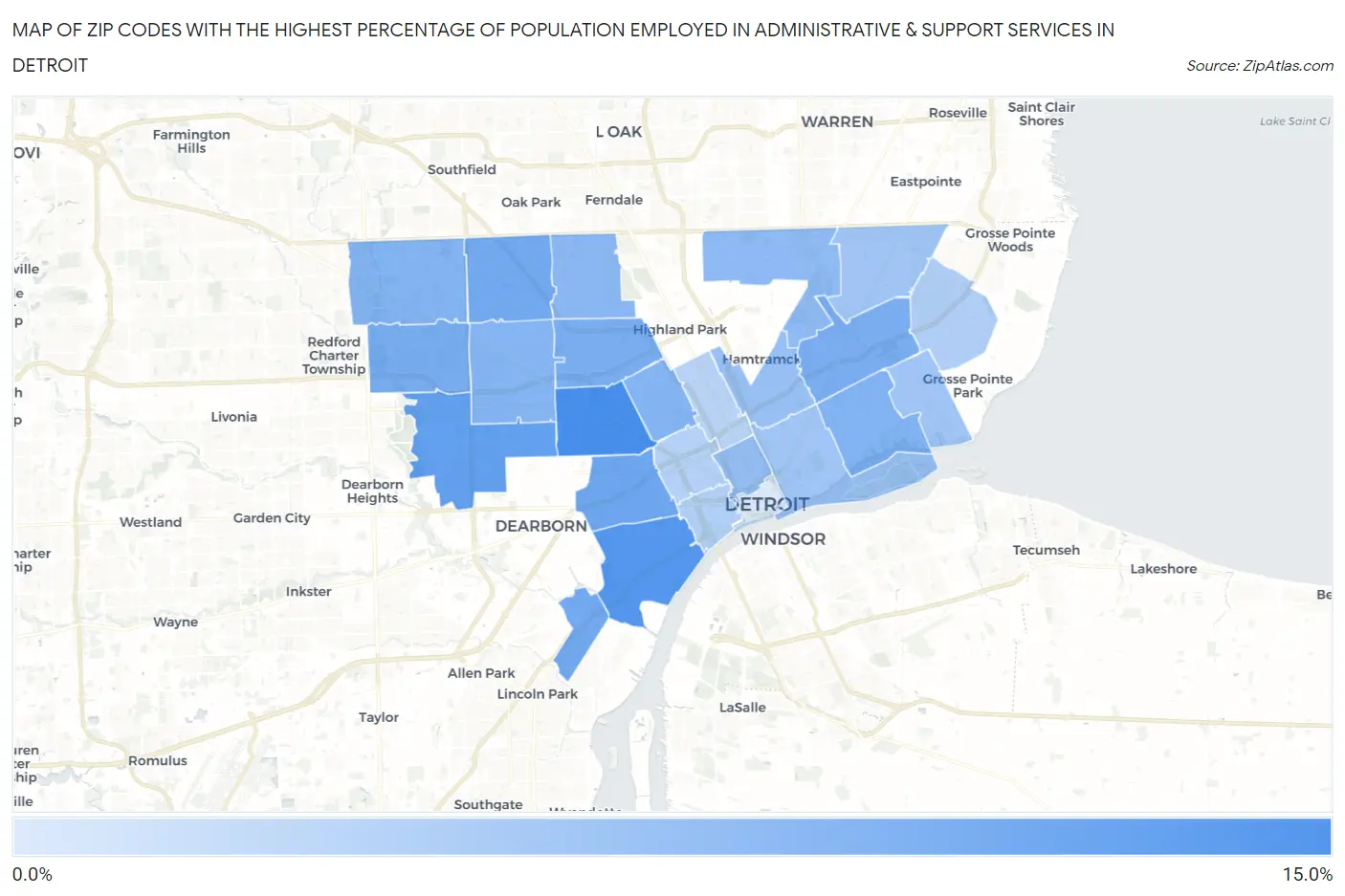Zip Codes with the Highest Percentage of Population Employed in Administrative & Support Services in Detroit Map