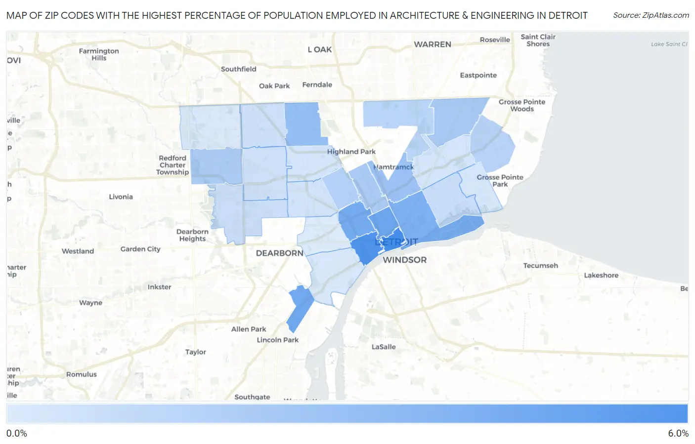 Zip Codes with the Highest Percentage of Population Employed in Architecture & Engineering in Detroit Map