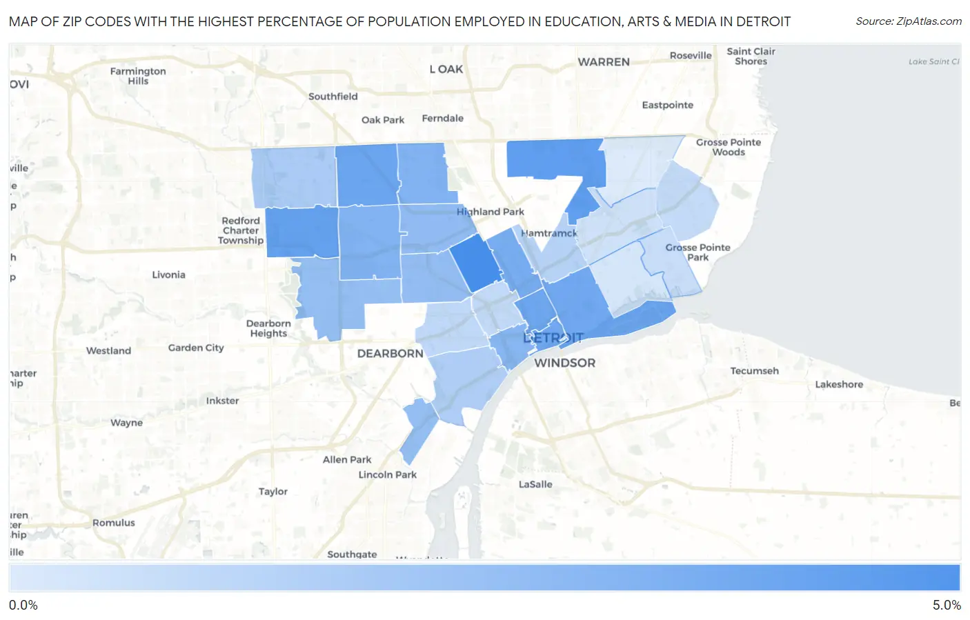 Zip Codes with the Highest Percentage of Population Employed in Education, Arts & Media in Detroit Map