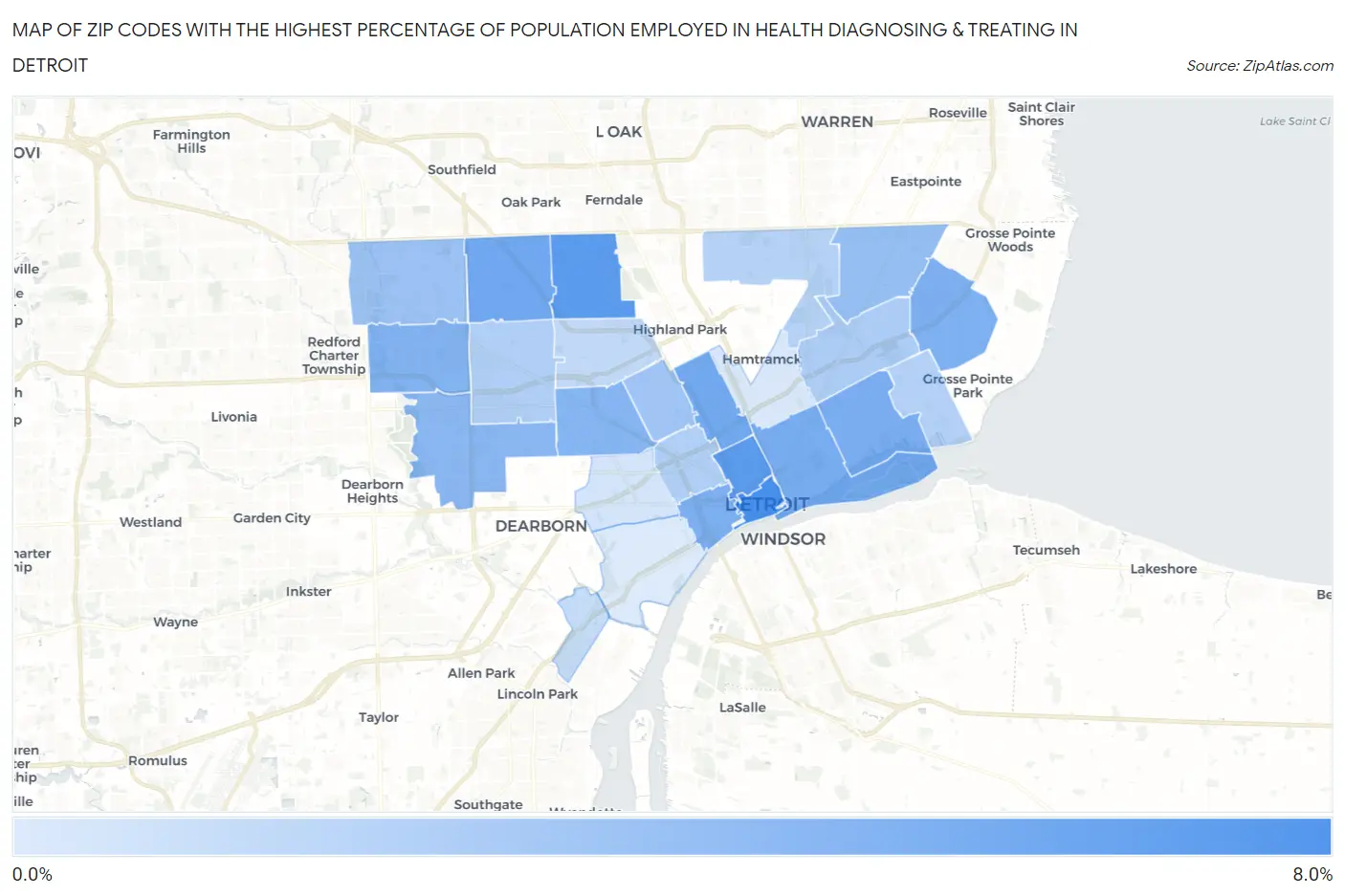 Zip Codes with the Highest Percentage of Population Employed in Health Diagnosing & Treating in Detroit Map