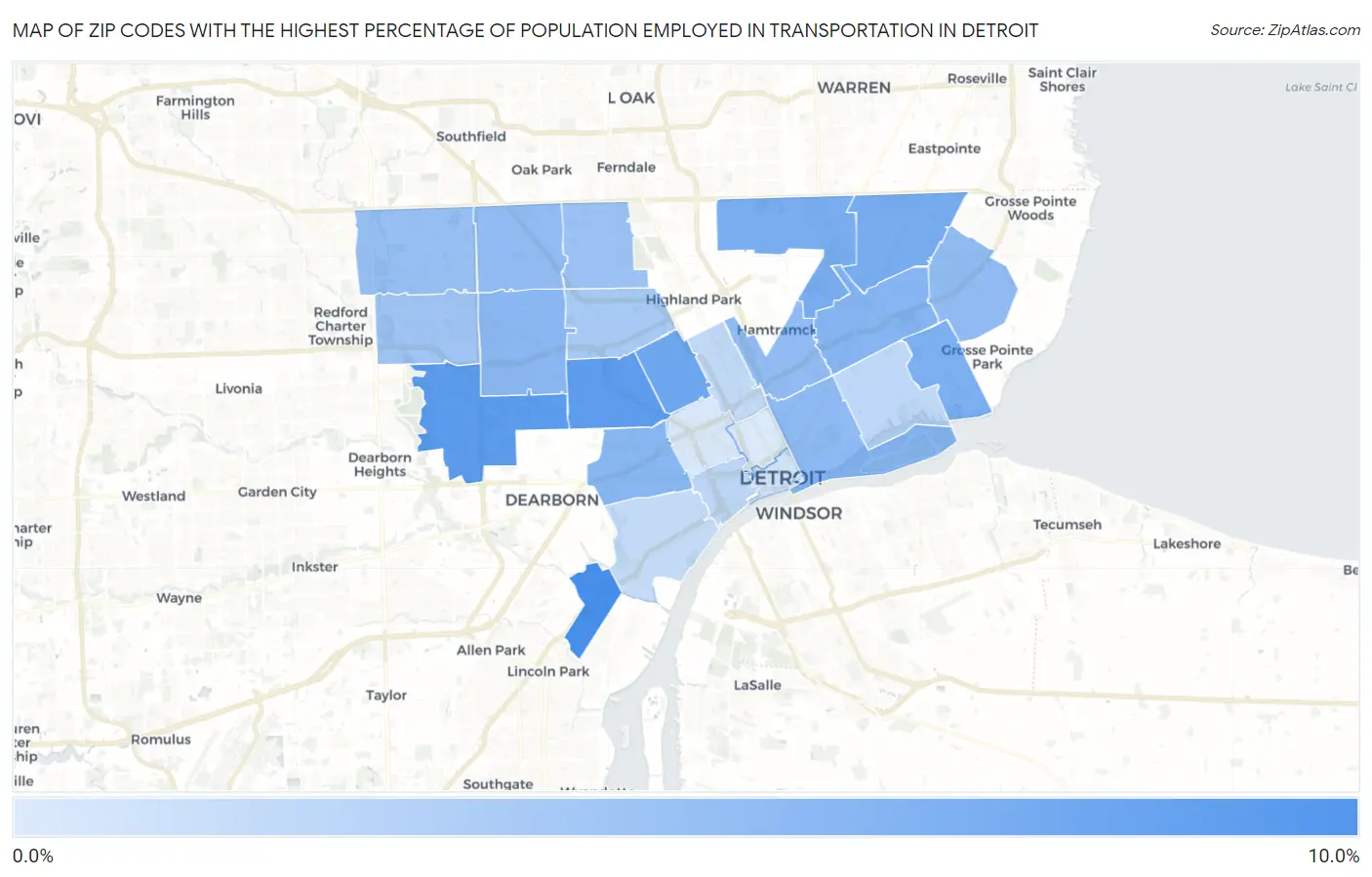 Zip Codes with the Highest Percentage of Population Employed in Transportation in Detroit Map