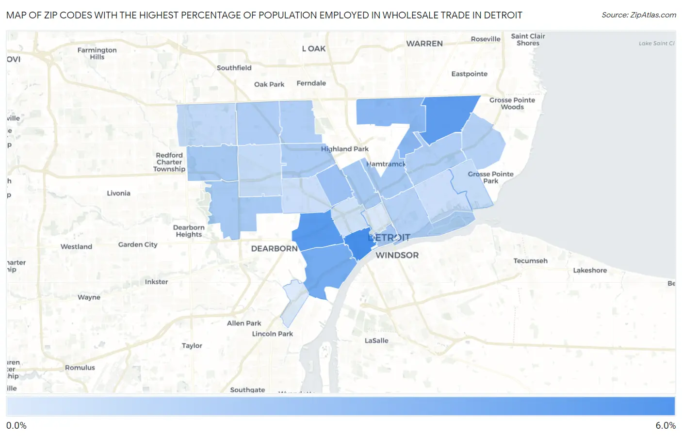 Zip Codes with the Highest Percentage of Population Employed in Wholesale Trade in Detroit Map
