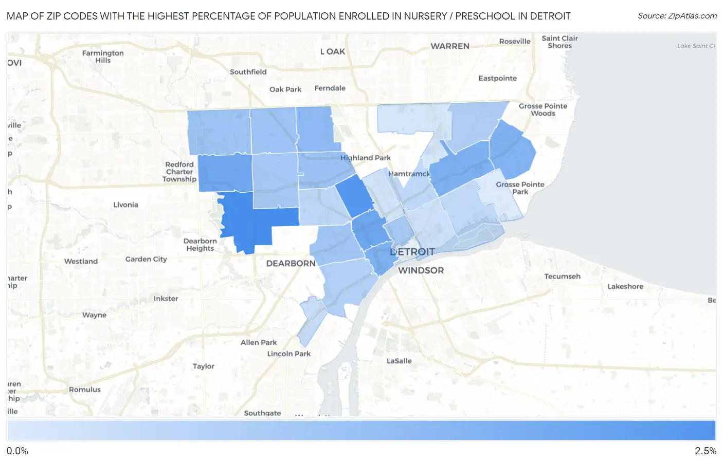 Zip Codes with the Highest Percentage of Population Enrolled in Nursery / Preschool in Detroit Map