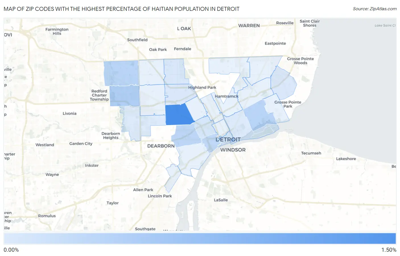Zip Codes with the Highest Percentage of Haitian Population in Detroit Map