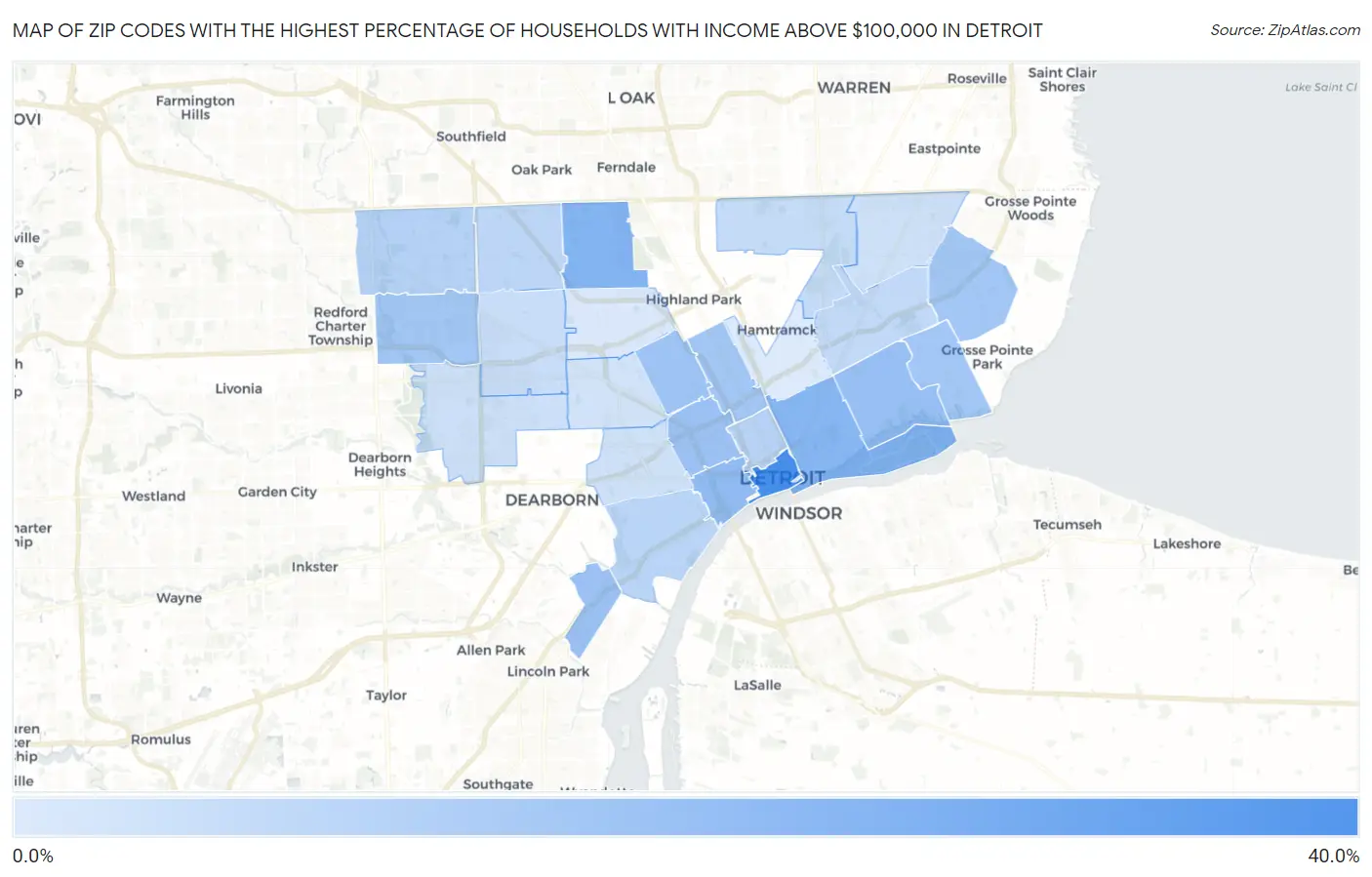 Zip Codes with the Highest Percentage of Households with Income Above $100,000 in Detroit Map