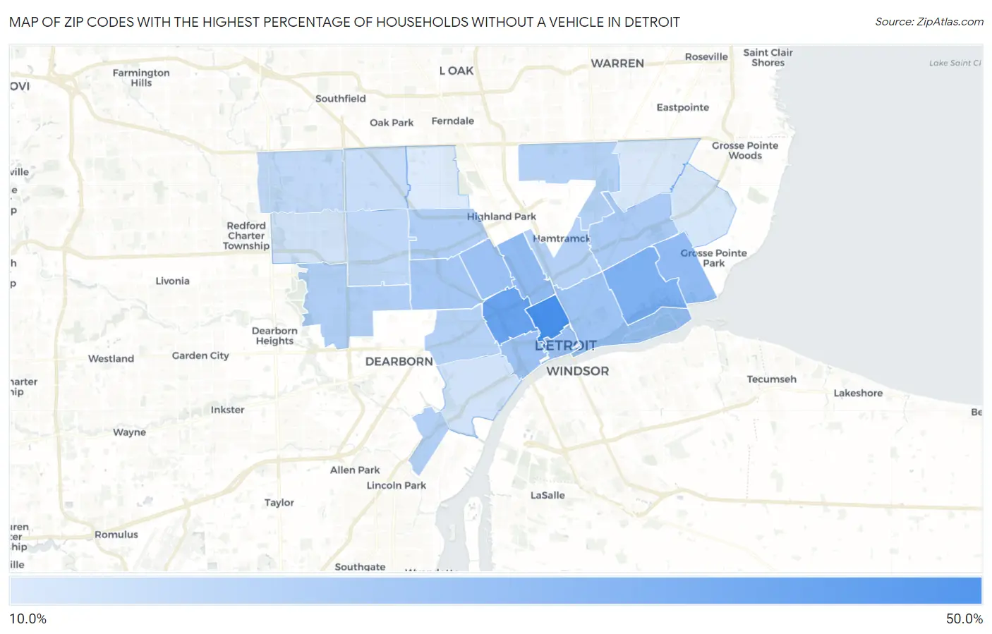 Zip Codes with the Highest Percentage of Households Without a Vehicle in Detroit Map