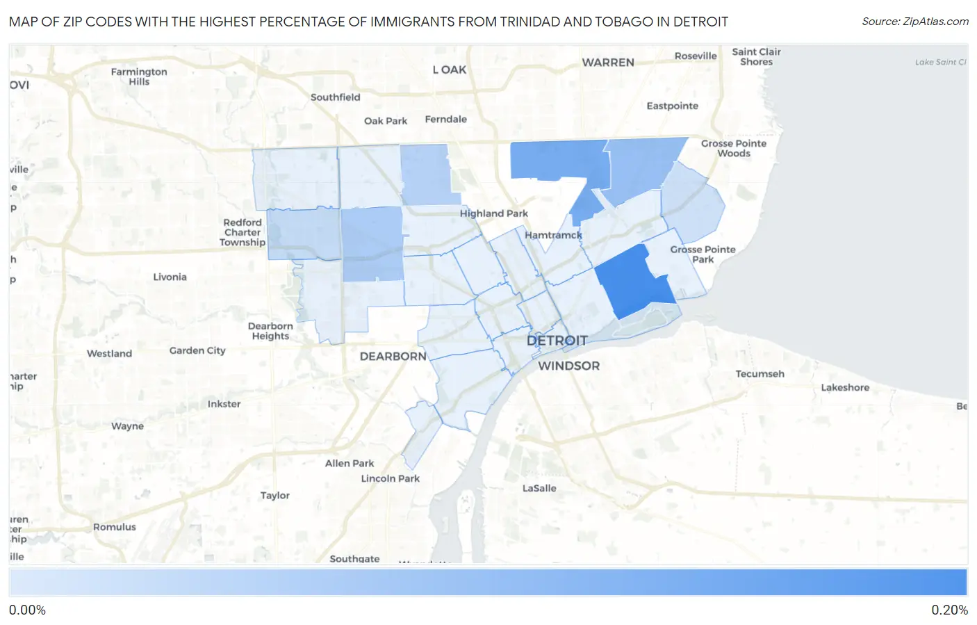 Zip Codes with the Highest Percentage of Immigrants from Trinidad and Tobago in Detroit Map