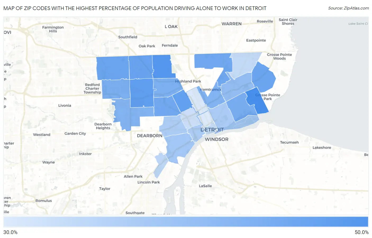Zip Codes with the Highest Percentage of Population Driving Alone to Work in Detroit Map