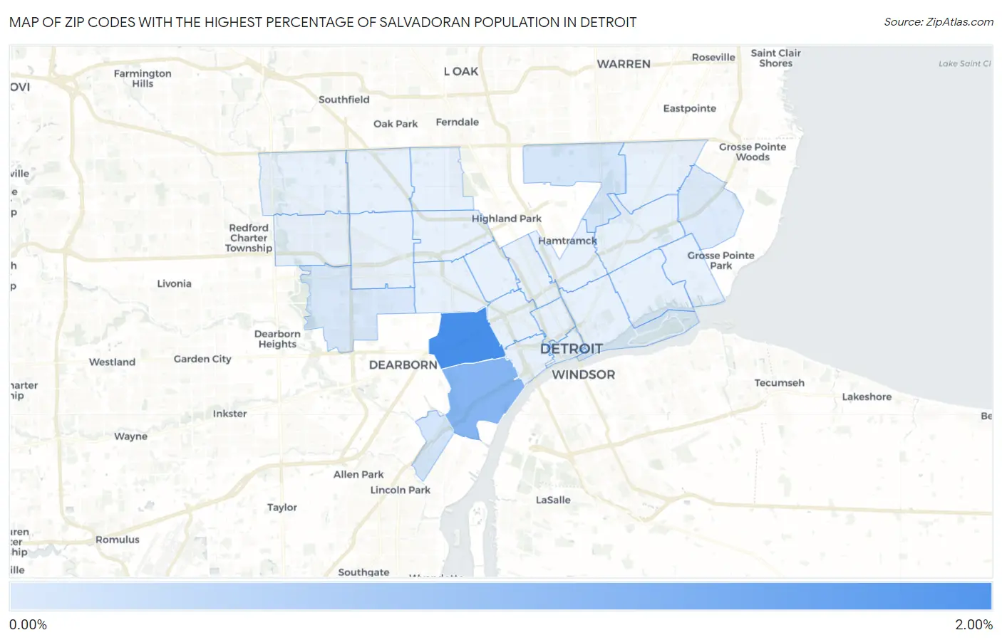 Zip Codes with the Highest Percentage of Salvadoran Population in Detroit Map
