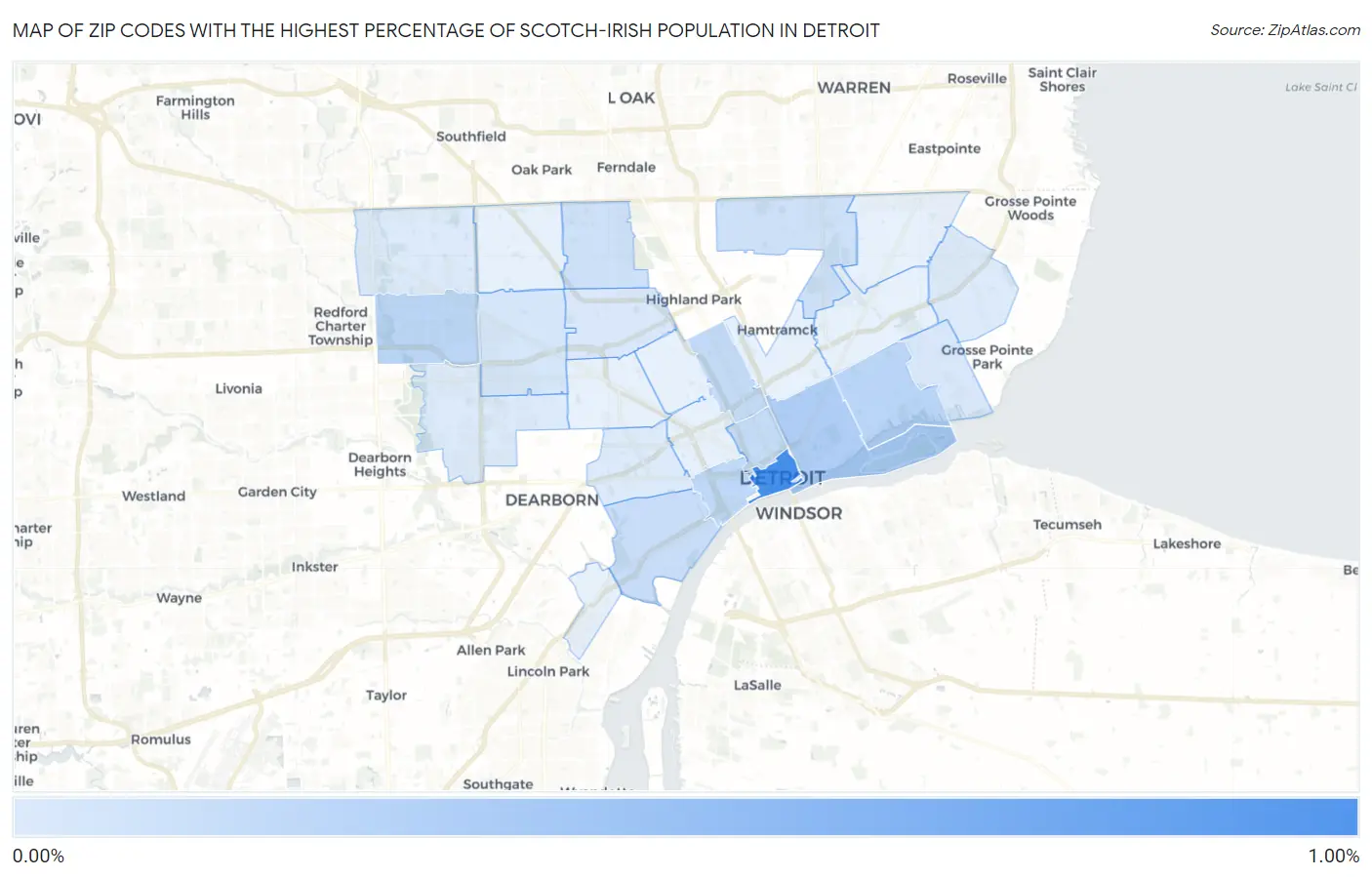 Zip Codes with the Highest Percentage of Scotch-Irish Population in Detroit Map