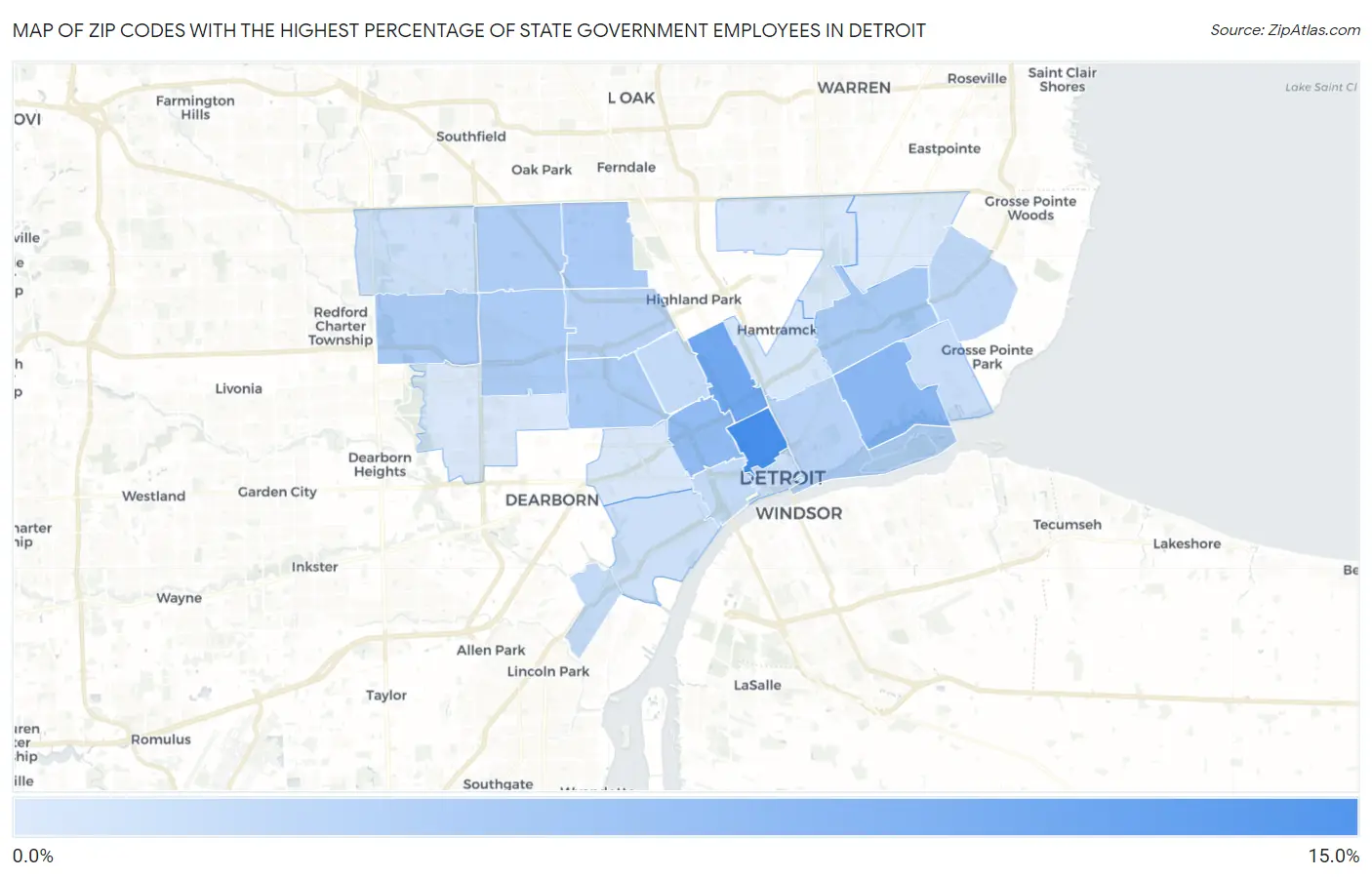Zip Codes with the Highest Percentage of State Government Employees in Detroit Map